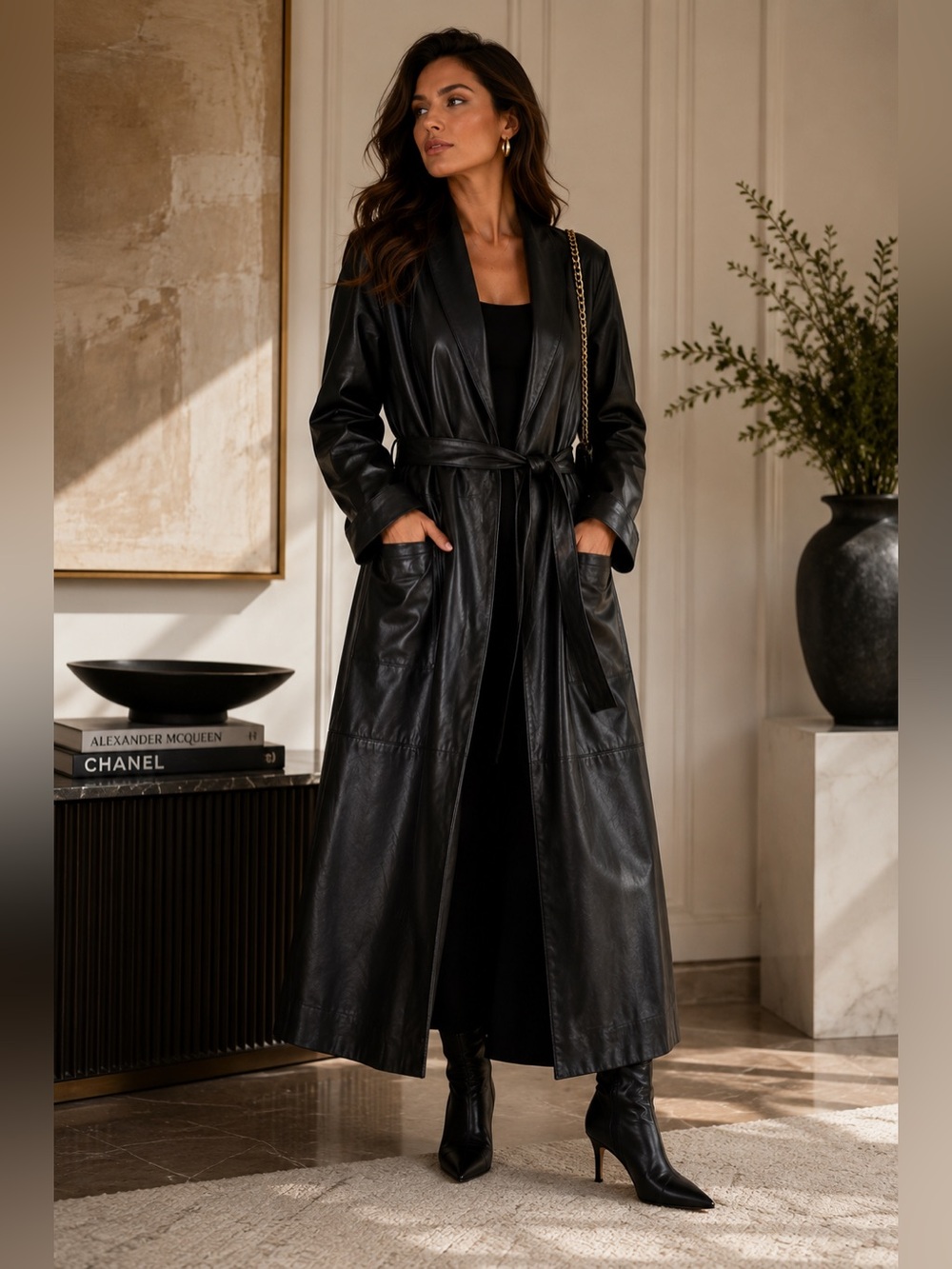 Excelled Black Leather Duster Coat L Long Open Front Belted Soft Lamb Leather